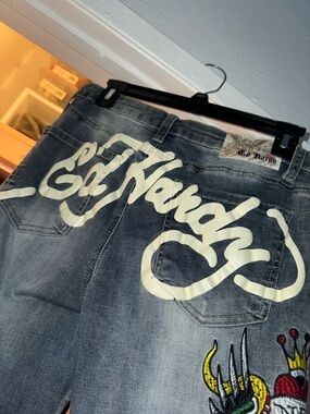 Ed Hardy Blue Denim Jeans with White Script and Colorful Embroidery
